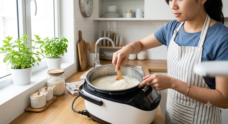 Ngâm gạo khoảng 15–30 phút trước khi nấu giúp hạt gạo hút nước đều và cho cơm dẻo ngon hơn.