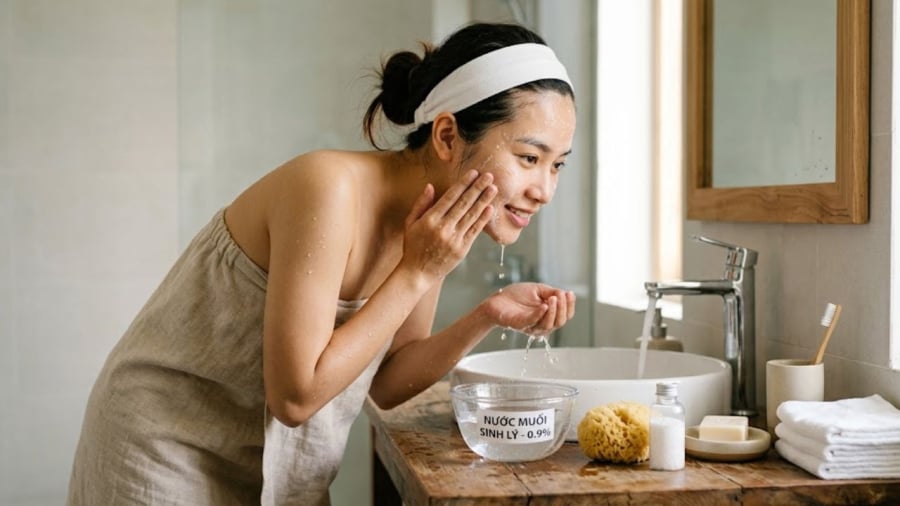 Nên dùng nước muối sinh lý, tránh tự pha khi không đúng nồng độ và không đảm bảo vệ sinh