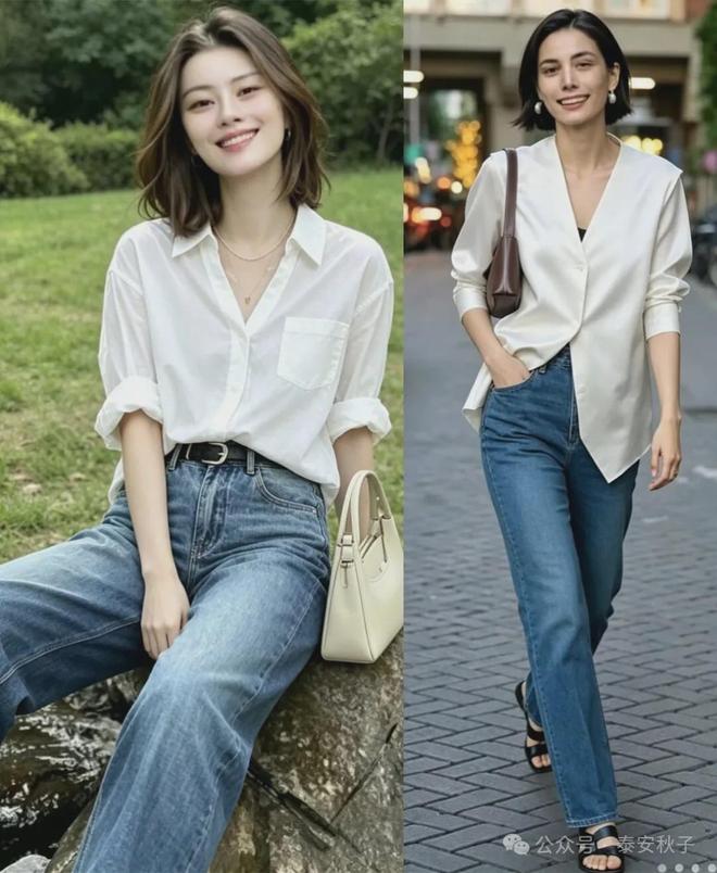 Sự kết hợp giữa nét chỉn chu của áo sơ mi và vẻ năng động của denim tạo nên tổng thể hài hòa, phù hợp với nhiều độ tuổi.