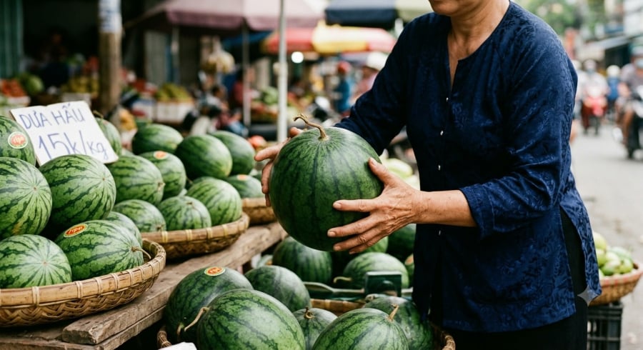 Ngoài việc gõ vỏ, hãy quan sát cuống, hình dáng và trọng lượng để tăng khả năng chọn được quả dưa ngon.