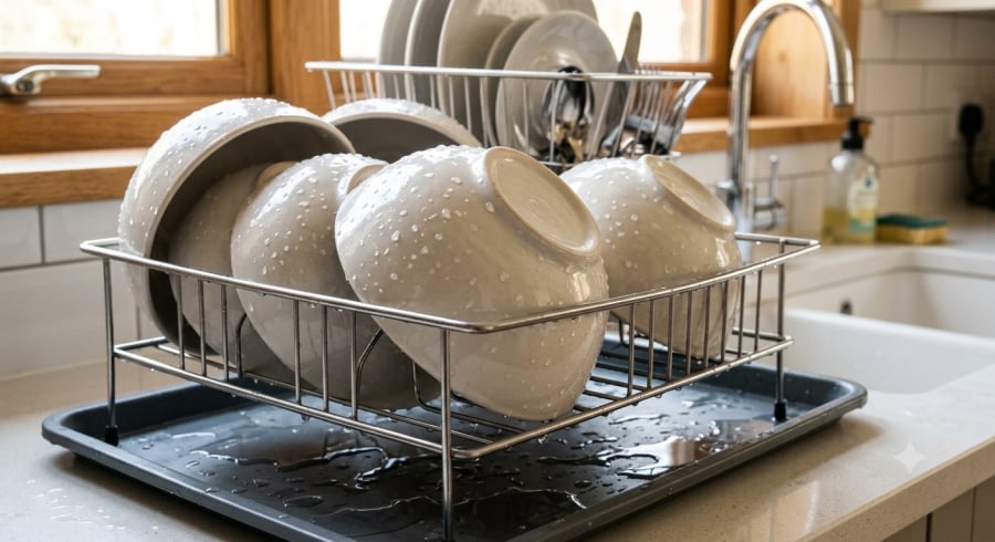 Úp bát khi còn nhiều nước có thể khiến hơi ẩm lưu lại lâu hơn nếu giá úp không thông thoáng.