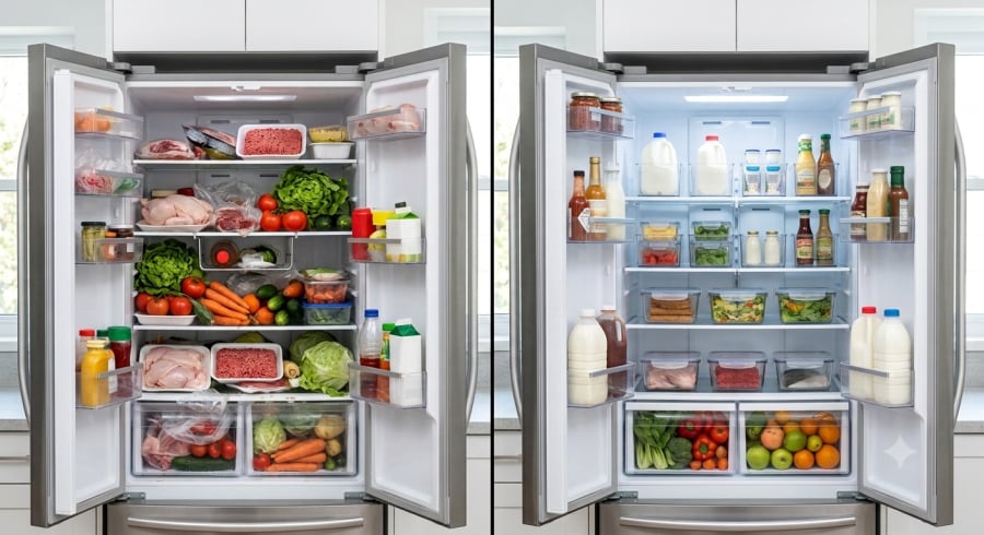 Sắp xếp thực phẩm đúng vị trí và tách riêng đồ sống với đồ chín giúp kéo dài thời gian bảo quản, hạn chế vi khuẩn và giữ thực phẩm tươi ngon lâu hơn.