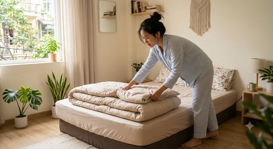  Sau khi ngủ dậy, bạn nên lật tung chăn gối ra, thậm chí để càng lộn xộn càng tốt, sau đó mở cửa sổ phòng để gió và ánh sáng mặt trời làm thoáng khí. 