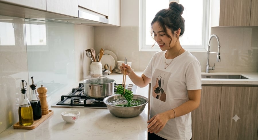 Ngâm rau muống vào nước đá ngay sau khi luộc là mẹo đơn giản giúp rau giữ màu xanh mướt, giòn ngon và không bị mềm nhũn.