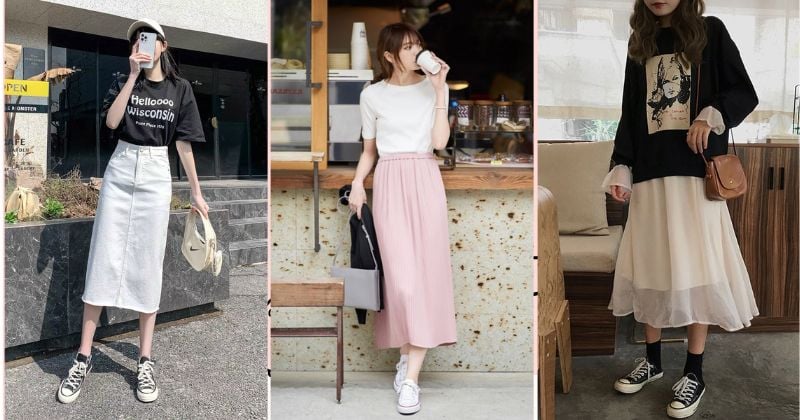 Chân váy lụa, chân váy xếp ly hay dáng chữ A đều mang đến cảm giác thanh lịch mà không làm mất đi sự thoải mái vốn có của áo thun.