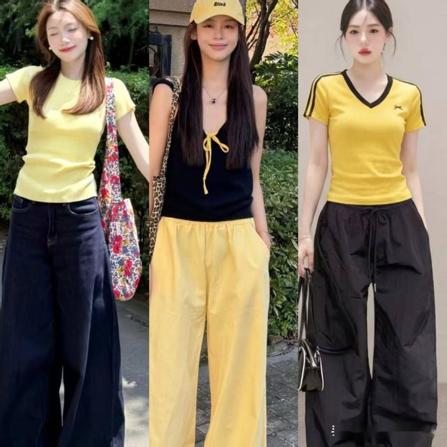 Một chiếc áo phông vàng với phom dáng gọn gàng không chỉ tạo cảm giác trẻ trung mà còn giúp tổng thể trang phục trở nên tươi sáng hơn.