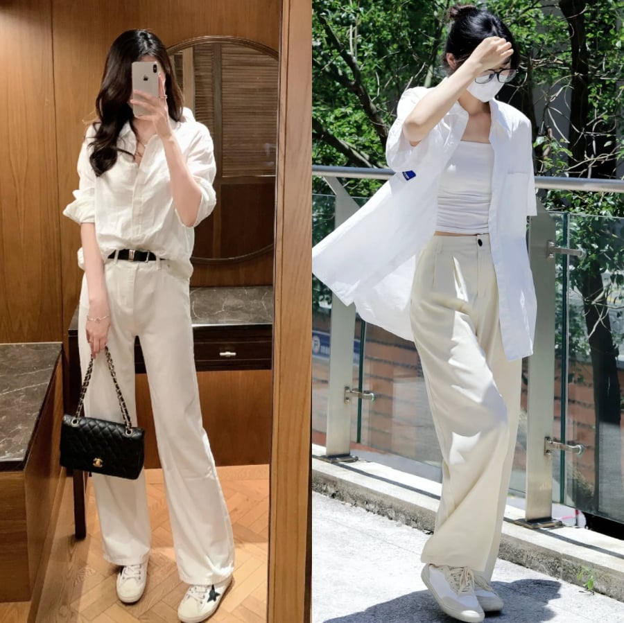 Đối với môi trường công sở, áo sơ mi trắng phối cùng quần trắng mang đến hình ảnh chuyên nghiệp nhưng không cứng nhắc. 