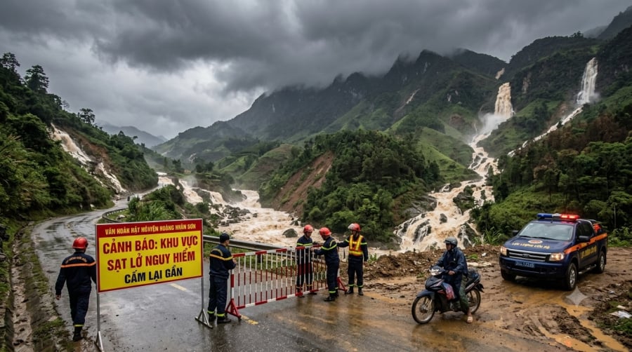 Mưa lớn kéo dài khiến nhiều khu vực miền núi phía Bắc đối mặt nguy cơ lũ quét, sạt lở đất trong những giờ tới. (Ảnh minh hoạ AI)