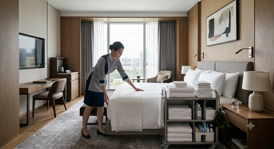 Ga trải giường màu trắng giúp nhân viên khách sạn dễ phát hiện vết bẩn, kiểm soát chất lượng vệ sinh và duy trì tiêu chuẩn phục vụ.