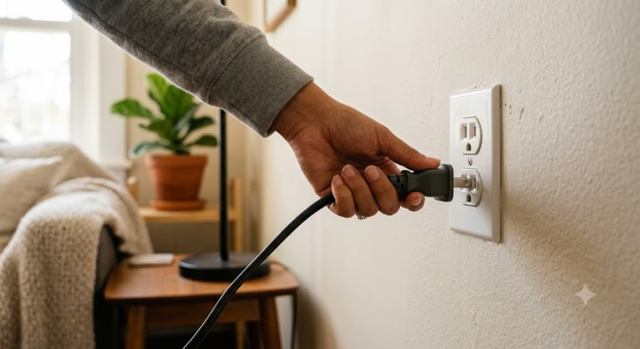 Nếu thiết bị điện bị ẩm hoặc nước mưa hắt vào, hãy ngắt cầu dao tổng trước, sau đó lau khô hoàn toàn hoặc gọi thợ kiểm tra.