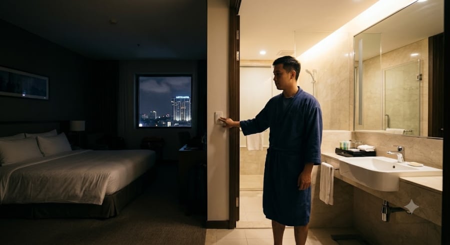 Phòng khách sạn thường dùng rèm cản sáng dày, khiến không gian rơi vào trạng thái tối đen như mực vào ban đêm. Khi nửa đêm giật mình thức giấc đi vệ sinh hay uống nước, bạn rất dễ bị mất phương hướng trong môi trường xa lạ.    