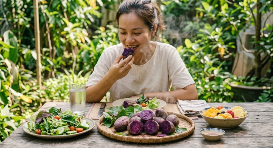 Các chuyên gia khuyến nghị kết hợp khoai lang tím với chế độ ăn cân bằng và lối sống khoa học để góp phần bảo vệ sức khỏe gan.