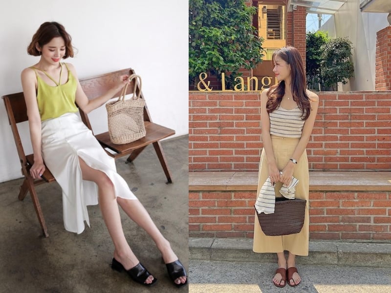 Cạp váy nên nằm ở vị trí cao trên eo, thân váy ôm vừa phải rồi xòe nhẹ ở phần gấu để tạo cảm giác cơ thể cân đối và mềm mại.