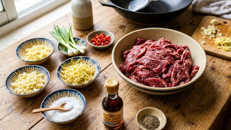 Khi ướp thịt bò, ngoài mắm, muối, bạn nên thêm một chút lòng trắng trứng, bột bắp (hoặc bột năng) và dầu ăn để thịt mềm, không bị khô.