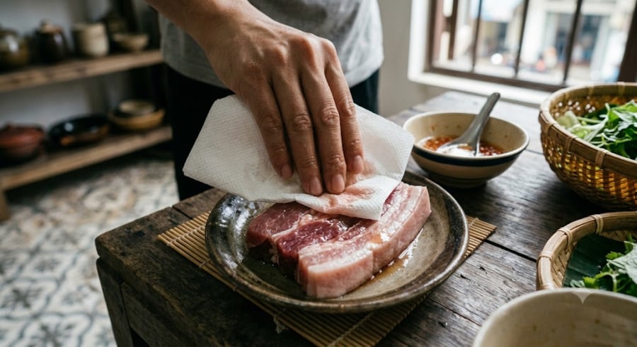 Thịt lợn bị bơm nước tràn lan khiến người đi chợ lo lắng. Để kiểm tra, hãy lấy một tờ giấy ăn lau nhẹ lên bề mặt miếng thịt rồi thử đốt:    