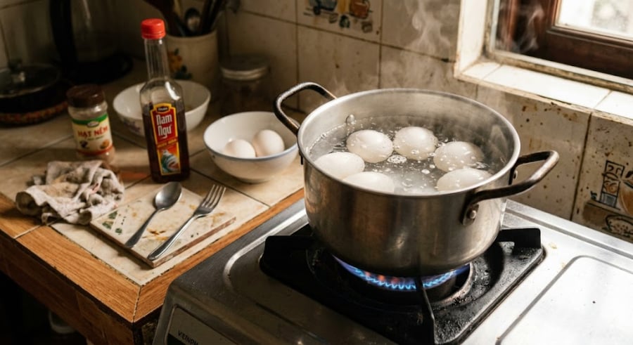 Bạn không nên luộc quá lâu vì lòng đỏ sẽ xuất hiện viền xám đen, khiến trứng khô và mất độ béo.    