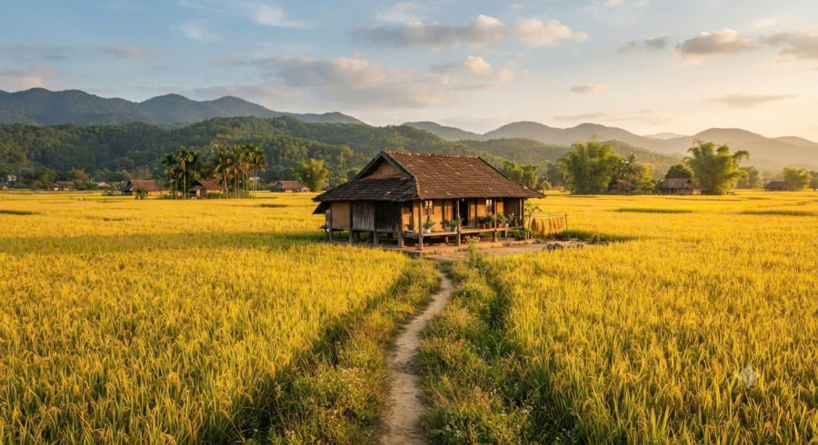 Ngôi nhà trên cánh đồng lúa chín