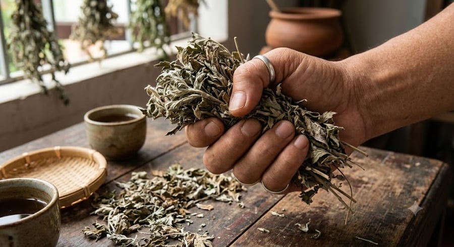 Lấy một nắm lá ngải cứu đã phơi khô, vò nhẹ cho tơi ra rồi đặt vào bát sứ hoặc đĩa gốm. Châm một góc nhỏ cho lá cháy rịn (tạo khói nhẹ chứ không bùng lửa).