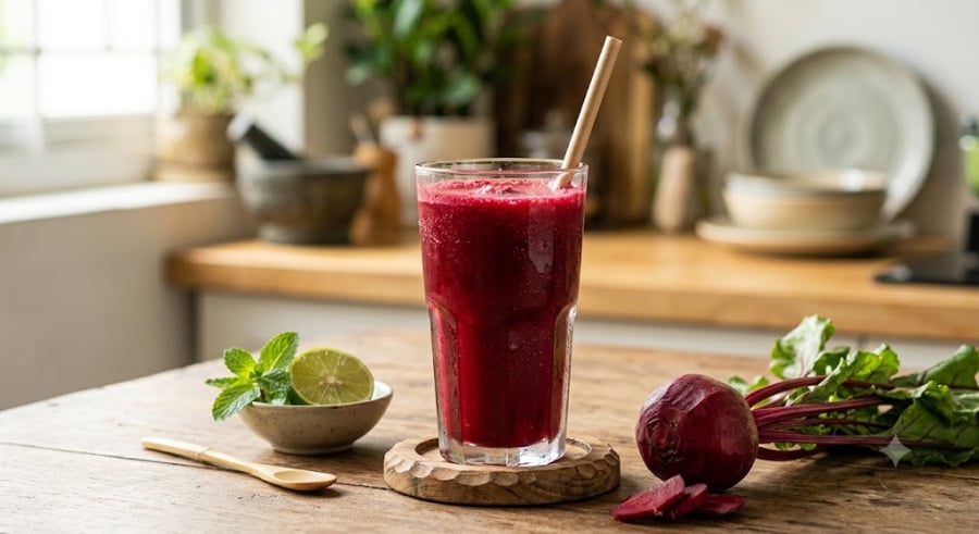 Sự kết hợp giữa củ dền, táo và cà rốt giữ lại trọn vẹn vitamin cùng dưỡng chất hoạt tính, hỗ trợ cơ thể đào thải chất thải nhanh chóng.    