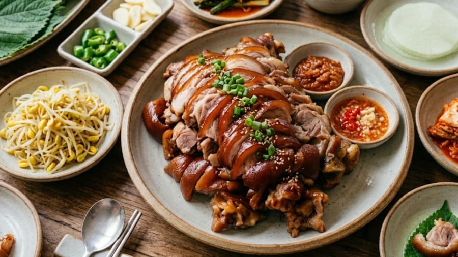 Chân giò hầm Hàn Quốc có thể ăn kèm với lá mè, tỏi, ớt xanh...