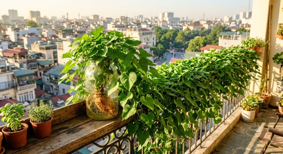 Chăm sóc đúng cách, dây khoai lang thủy sinh sẽ phát triển nhanh, tạo mảng xanh đẹp mắt cho ban công hoặc góc cửa sổ.