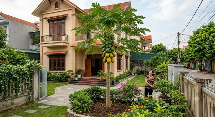 Cây đu đủ có dáng thẳng, tán lá xòe rộng ở đỉnh nhưng không quá rậm rạp, rất thích hợp tạo mảng xanh cho góc sân. 