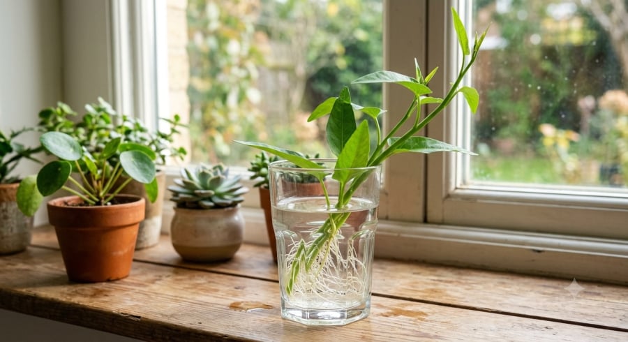 Chỉ với một nhánh rau muống cắm trong nước, cây có thể ra rễ khỏe và sẵn sàng đem trồng sau khoảng 7-10 ngày.