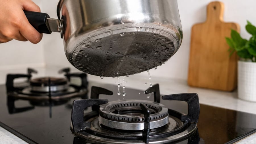 Nồi chảo khi đặt lên bếp gas hãy đảm bảo chúng đã được lau khô đáy