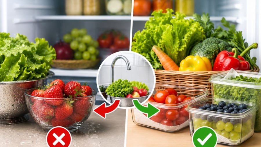Rau và hoa quả không nên rửa khi cất tủ lạnh