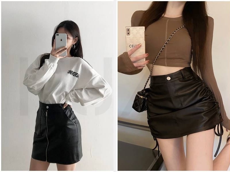 Nếu muốn tạo sự khác biệt, chân váy da mini là lựa chọn giúp bộ trang phục trở nên nổi bật hơn.    
