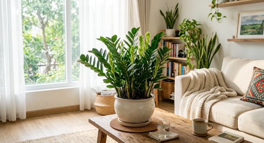 Cây kim tiền phát triển khỏe sẽ liên tục đẻ nhánh mới và giữ lá xanh bóng.