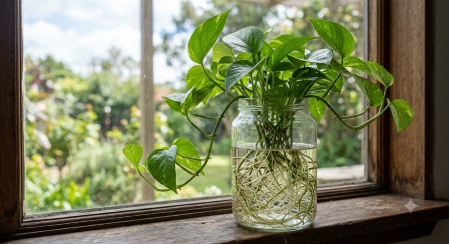 Trầu bà thủy sinh phát triển khỏe mạnh với bộ rễ trắng và tán lá xanh mướt khi được chăm sóc đúng cách.