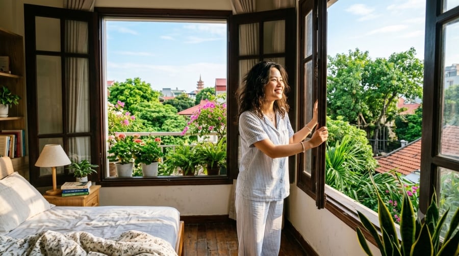 Theo quan niệm dân gian, thức dậy và đón ánh nắng buổi sớm là dấu hiệu khởi đầu một ngày nhiều năng lượng tích cực.