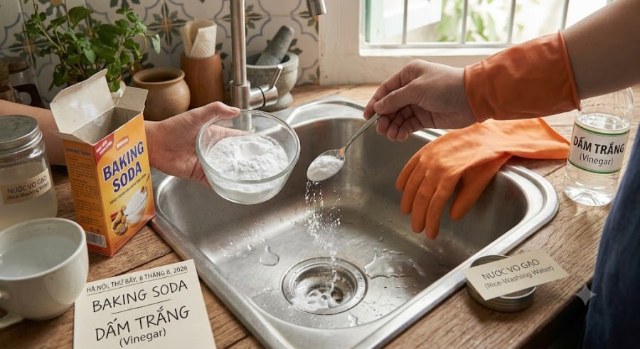 Sự kết hợp giữa baking soda và giấm ăn tạo ra phản ứng hóa học sủi bọt mạnh mẽ, giúp làm mềm và phân hủy các chất thải hữu cơ cực nhanh.    