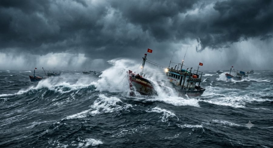 Tàu thuyền cần chủ động phòng tránh khi hoạt động trong vùng biển nguy hiểm do áp thấp nhiệt đới. Ảnh minh hoạ AI