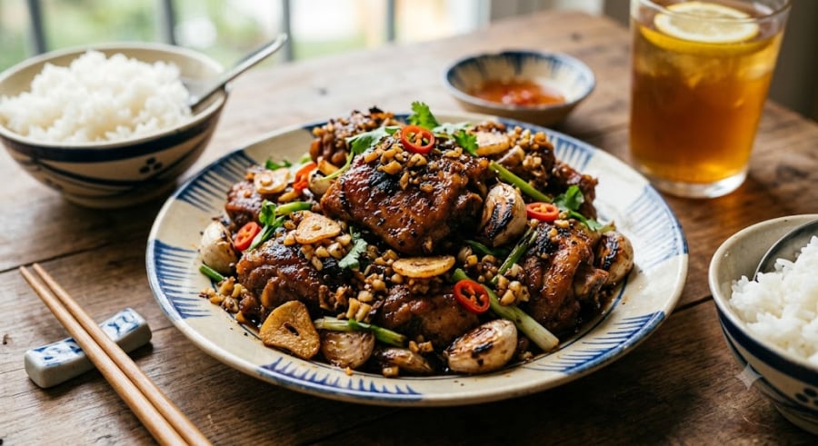 Trộn đều thịt vịt với sả, hành, gừng, ớt băm cùng nước mắm, đường, hạt nêm, dầu hào, ngũ vị hương và tiêu.