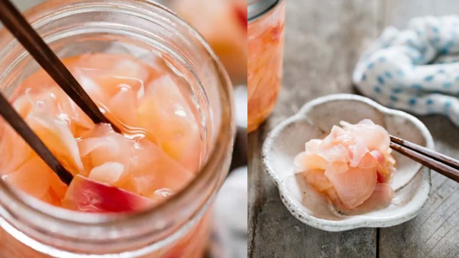 Khi ngâm, gừng non sẽ chuyển màu hồng nhạt tự nhiên.