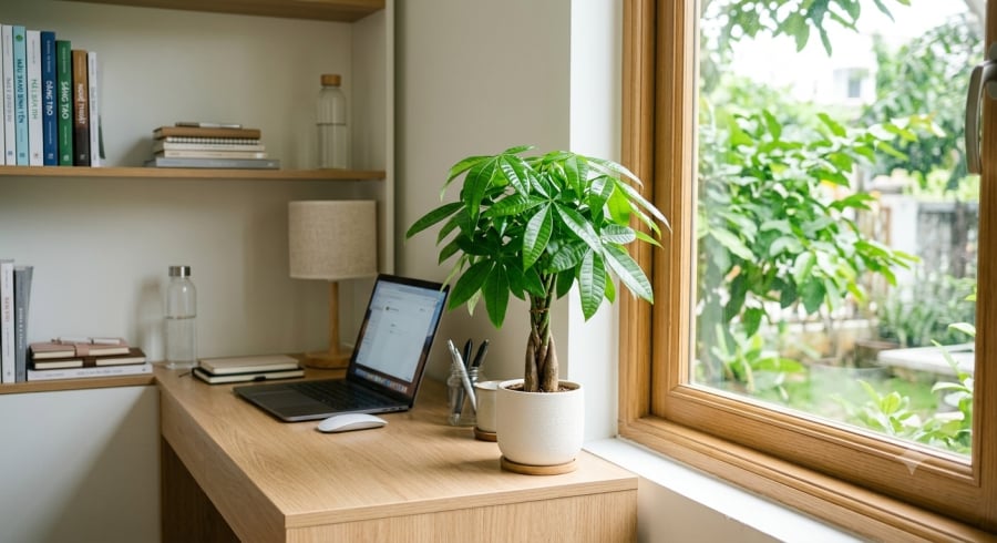 Cây kim ngân nhỏ có thể đặt trên bàn làm việc, giúp không gian thêm sinh động và mang ý nghĩa tượng trưng cho sự phát triển, thuận lợi.