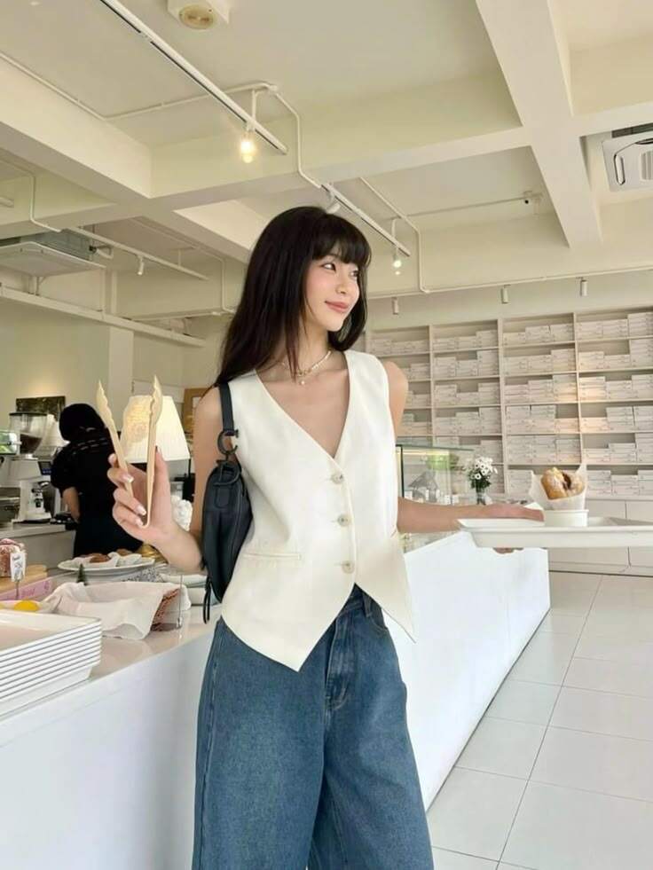 Thiết kế không tay tạo cảm giác gọn gàng, trong khi phần cổ và đường cắt may mang đến nét chỉn chu đặc trưng của trang phục công sở.