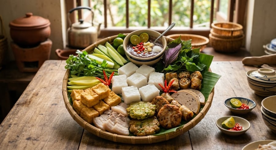 Thịt ba chỉ và chân giò sau khi mua về rửa sạch, trụng sơ qua nước sôi để loại bỏ cặn bẩn rồi xả lại bằng nước lạnh.    