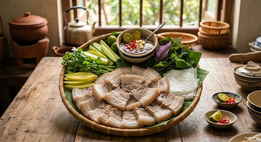 Thời gian chuẩn để luộc chín một miếng thịt ba chỉ cỡ vừa là 15 phút (tính từ thời điểm nước sôi lại).    