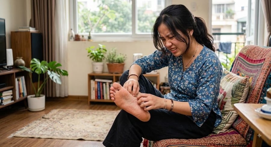 . Sự tích tụ này cùng với tình trạng da mất độ ẩm và tổn thương dây thần kinh ngoại biên có thể kích thích gây ra cảm giác ngứa ngáy khó chịu ở bàn chân.