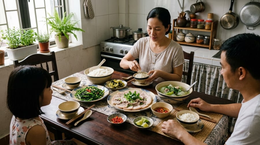 Một bữa ăn cân đối nên kết hợp protein, rau xanh và lượng tinh bột phù hợp.