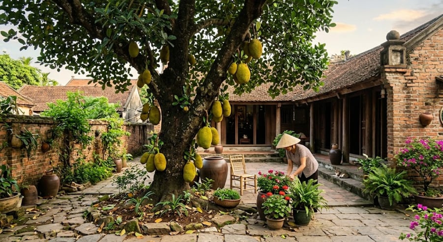 Hình ảnh cây mít sai trĩu quả, từng chùm quả to tròn mọc ken đặc từ gốc đến cành tượng trưng cho sự sinh sôi nảy nở, tài lộc dồi dào.