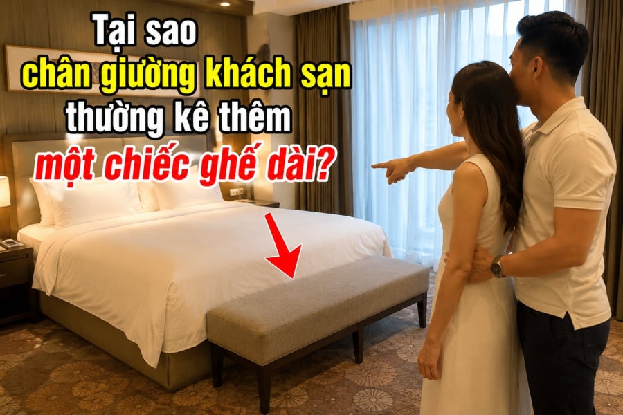 Ghế dài ở chân giường giúp khách có chỗ ngồi thay đồ, đặt tạm hành lý hoặc đồ dùng, tạo ranh giới cho khu vực giường ngủ, đồng thời góp phần làm căn phòng cân đối và đẹp mắt hơn.
