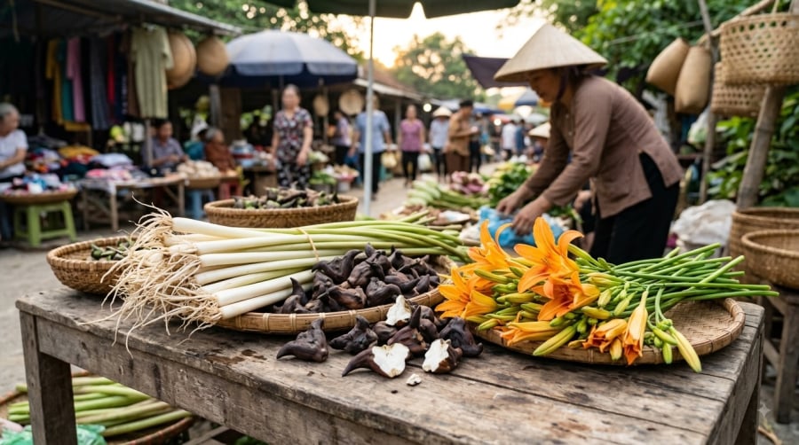 Ngó sen, hoa hiên và củ ấu là những nguyên liệu mang hương vị đặc trưng của thời điểm cuối hè, đầu thu.