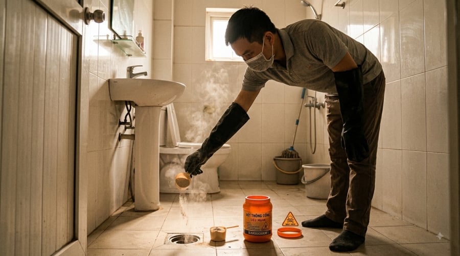 Sử dụng bột hoặc nước thông cống sai cách có thể khiến hóa chất bắn vào da, mắt và gây bỏng nghiêm trọng.