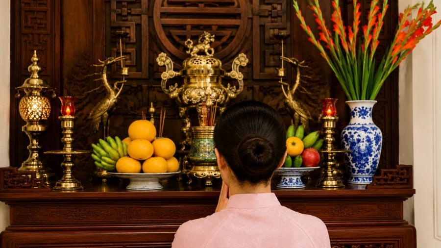 Bình hoa phía bên phải của người đang đứng cúng là điều dễ thấy