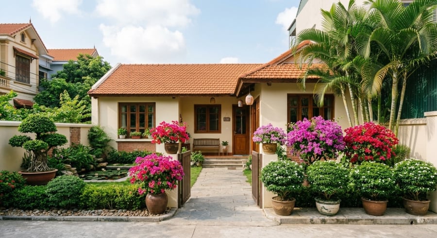 Hoa giấy, cây sung hay nguyệt quế đều là những lựa chọn phù hợp cho sân nhỏ, vừa dễ chăm vừa giúp không gian thêm sinh động.