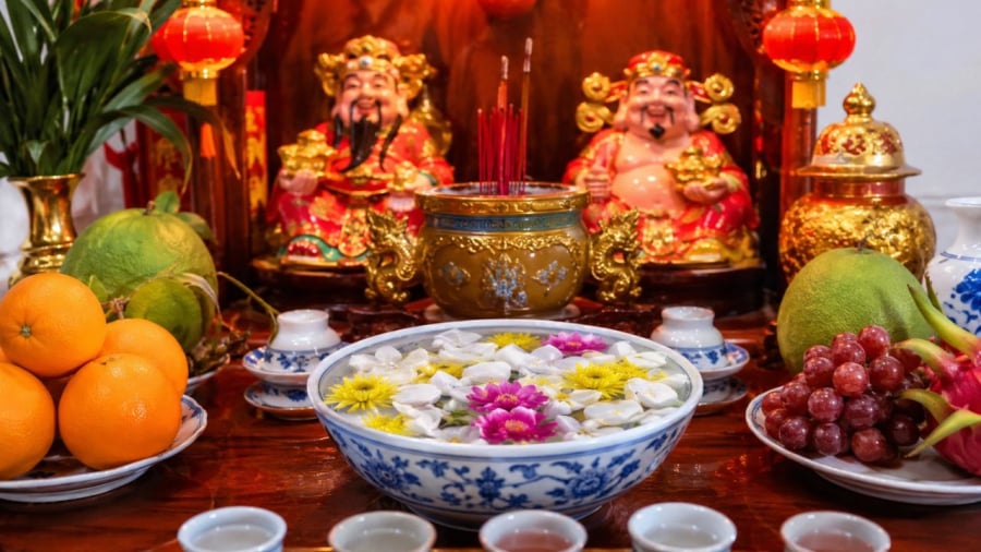 Nhiều gia chủ đặt bát nước thả hoa ở ban Thần Tài